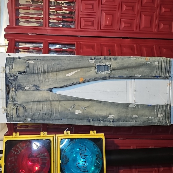 Serenede Other - Serenede Mens Stretch Skinny Distressed Paint Splatter Light Wash Denim Jeans 34